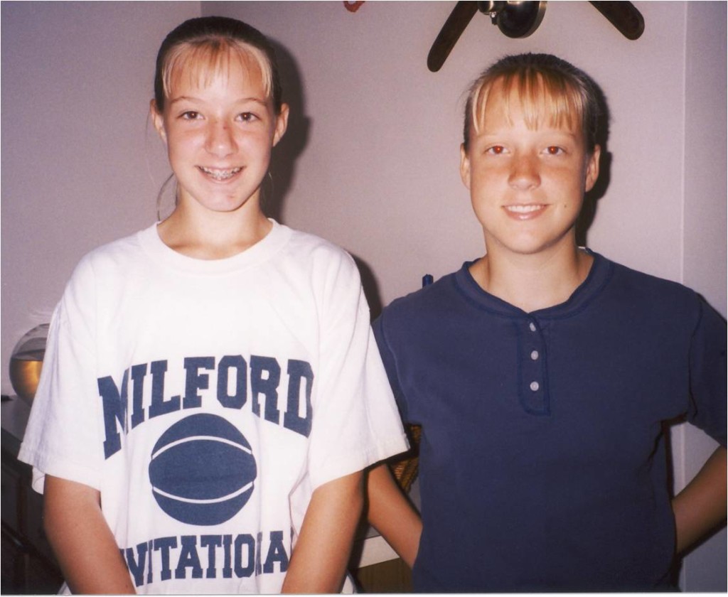 My sister Kylene on the left and me on the right standing next to each other. We were both teenagers at the time, her slightly taller than me, even though I was 3 years older than her.