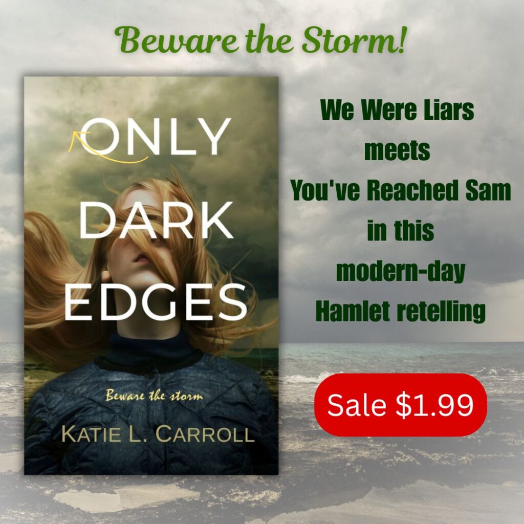 A graphic with the book cover of ONLY DARK EDGES by Katie L. Carroll with a background of a stormy sky and sea. The book cover shows a girl with auburn hair flying around her face in the wind, a stormy sky and sea behind her. Text reads, "Beware the Storm! We Were Liars meets You've Reached Sam in this modern-day Hamlet retelling. Sale $1.99"